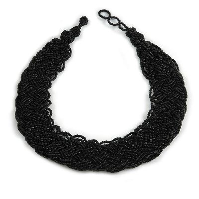 Avalaya Wide Chunky Black Glass Bead Plaited Necklace - 53cm L