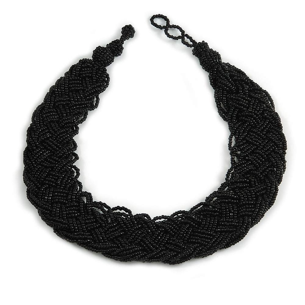 Avalaya Wide Chunky Black Glass Bead Plaited Necklace - 53cm L