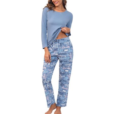PNAEONG Women's Cotton Long-Sleeve Tops and Full-Length Pajama Set Two-Piece Pjs with Pockets Good Night,M