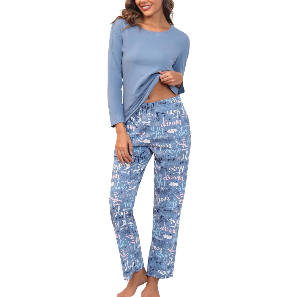 PNAEONG Women's Cotton Long-Sleeve Tops and Full-Length Pajama Set Two-Piece Pjs with Pockets Good Night,M
