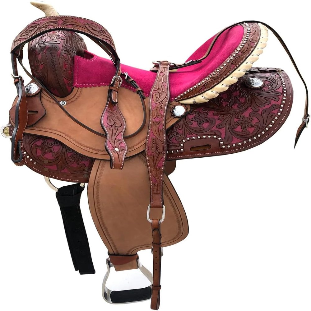 Kids Youth Adult Western Horse Barrel Saddle Leather Tack Set Matching Headstall Breast Collar Reins Pink 12" 13" 14" 15" 16" 17" 18" (12" Seat)