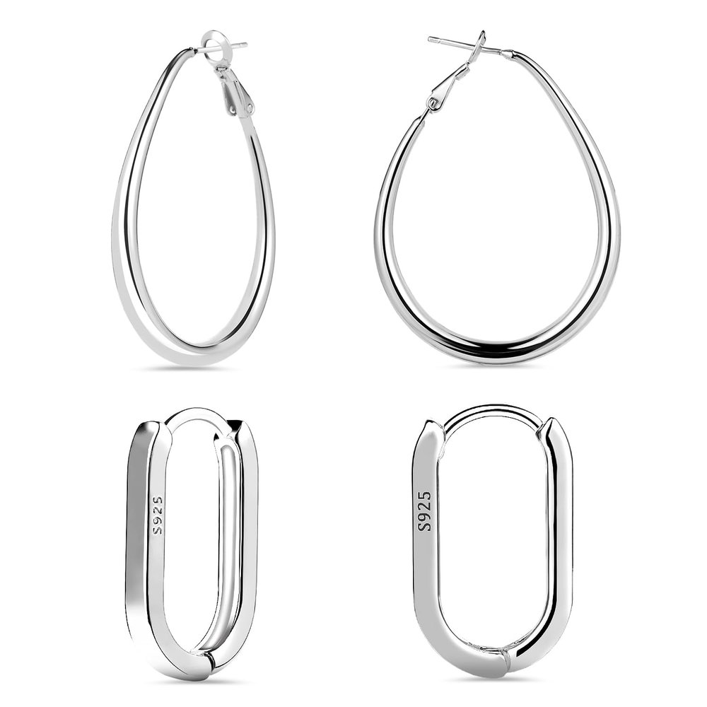 2 Pairs S925 Sterling Silver Earrings, 2 Designs Large Oval and Small Hoop Earrings Minimalist Jewelry for Women Girls (Silver)