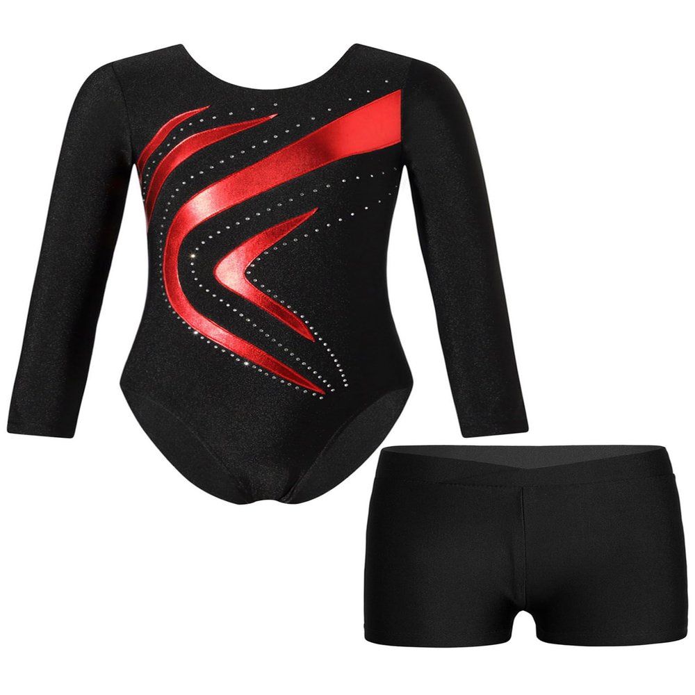 winying Leotards for Girls Gymnastics Outfits Long Sleeve Bodysuit Matching Booty Shorts Ballet Dance Activewear Red 14 Years