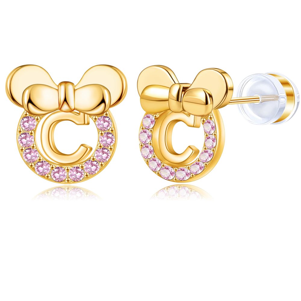 14K Gold Plated Sterling Silver Initial Earrings for Women Cubic Zirconia S925 Hypoallergenic Alphabet Letter Earrings (Gold-tone, C)