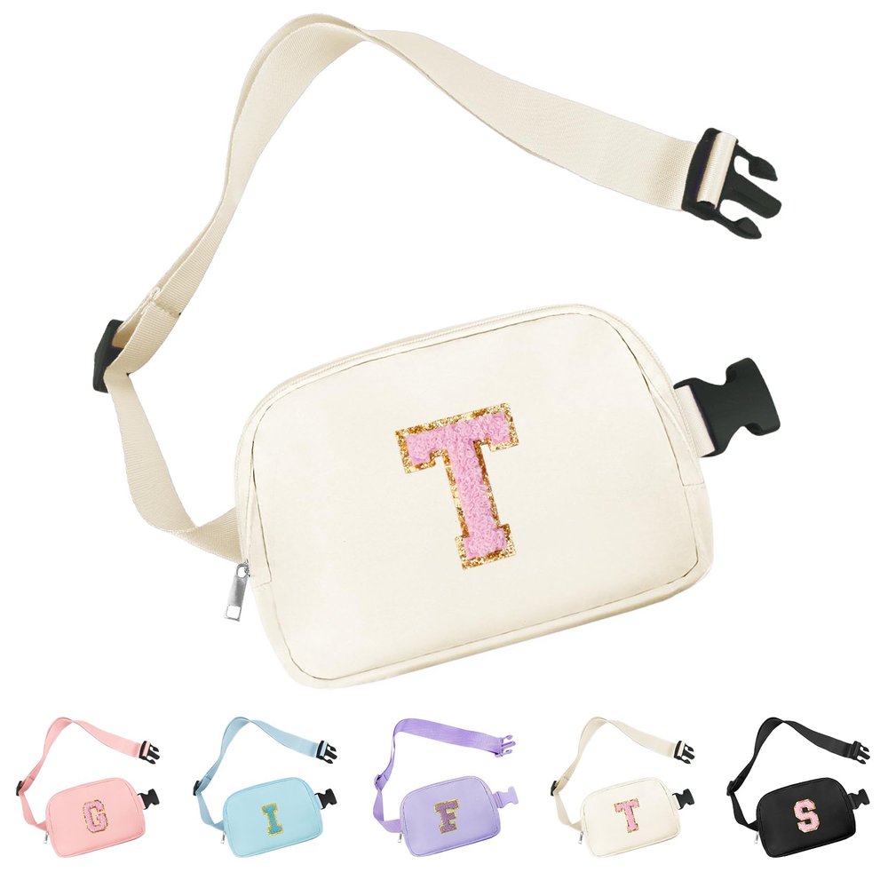 Aganmi Chenille Letter Crossbody Bags for Women Trendy, Waterproof Fanny Packs for Women Cross Body, Initial Letter Belt Bag with Multiple Inner Pockets and Adjustable Strap(Beige T)