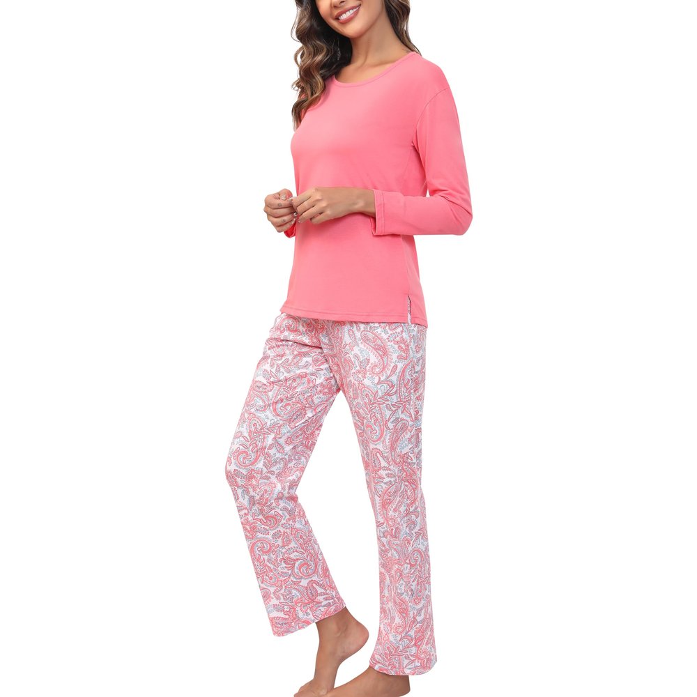 PNAEONG Women's Cotton Long-Sleeve Tops and Full-Length Pajama Set Two-Piece Pjs with Pockets Pink Paisley,2XL