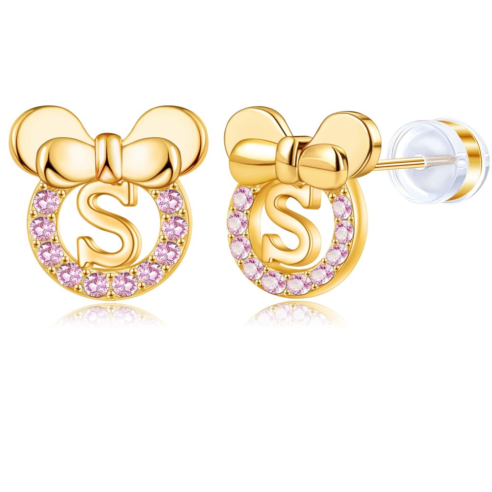 14K Gold Plated Sterling Silver Initial Earrings for Women Cubic Zirconia S925 Hypoallergenic Alphabet Letter Earrings (Gold-tone, S)