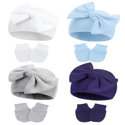 ZURLEFY Baby Girl Hats and Mittens Set for 0-6 Months, Newborn Hospital Hats with Bow for Infant Baby No Scratch Cotton Mittens Set(31-11)