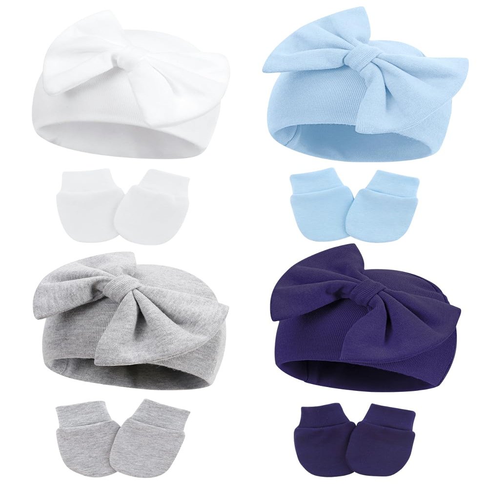 ZURLEFY Baby Girl Hats and Mittens Set for 0-6 Months, Newborn Hospital Hats with Bow for Infant Baby No Scratch Cotton Mittens Set(31-11)