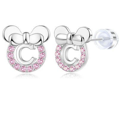 14K Gold Plated Sterling Silver Initial Earrings for Women Cubic Zirconia S925 Hypoallergenic Alphabet Letter Earrings (Silver, C)