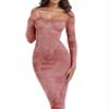 2023 Autumn New Print Square-Neck Long Sleeve Lace Patchwork Midi Dress Women Sexy Slim Party Clubwear Elegant Dress (Color : Red, Size : Medium) view 1