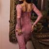 2023 Autumn New Print Square-Neck Long Sleeve Lace Patchwork Midi Dress Women Sexy Slim Party Clubwear Elegant Dress (Color : Red, Size : Medium) view 3