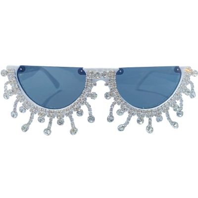 mincl Colorful Diamond Fashion Half Moon Frame Sunglasses for Women Cat Eye Bling Rhinestone Sun Glasses Ladies Party Eyewear (Diamond tassel&white)