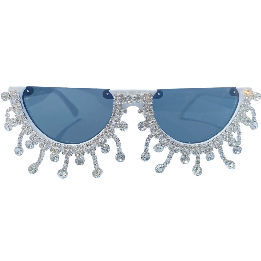 mincl Colorful Diamond Fashion Half Moon Frame Sunglasses for Women Cat Eye Bling Rhinestone Sun Glasses Ladies Party Eyewear (Diamond tassel&white)