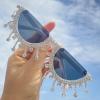 mincl Colorful Diamond Fashion Half Moon Frame Sunglasses for Women Cat Eye Bling Rhinestone Sun Glasses Ladies Party Eyewear (Diamond tassel&white) view 2