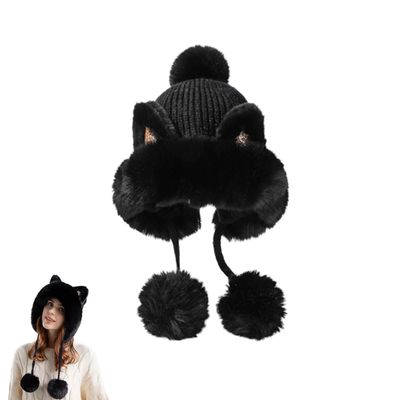 Fluffy Knit Beanie Hats for Women, Winter Pompom Beanie Hats, Women Cat Ears Ear Cover Hat with Drawstring (f,M(56-58cm))