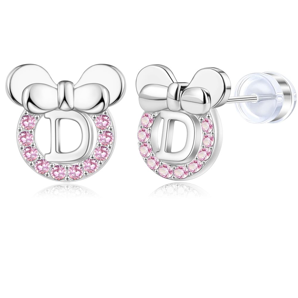 14K Gold Plated Sterling Silver Initial Earrings for Women Cubic Zirconia S925 Hypoallergenic Alphabet Letter Earrings (Silver, D)