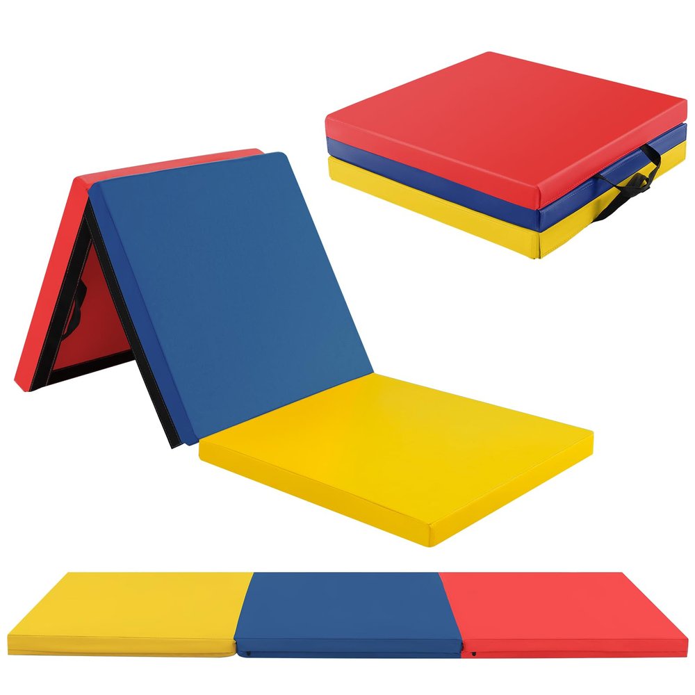GYMAX Folding Gymnastics Mat, Tri-fold 6 x 2 x 2 Exercise Mat with Carrying Handles, Waterproof PU Leather, Hook & Loop Fasteners, Portable Lightweight Tumbling Mat for Yoga Home Gym Fitness