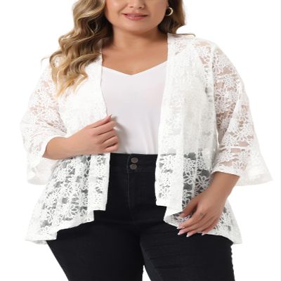 Agnes Orinda Plus Size Cardigan for Women Open Front 3/4 Sleeve Sheer Casual Lace Cardigan Cover Up 1X White