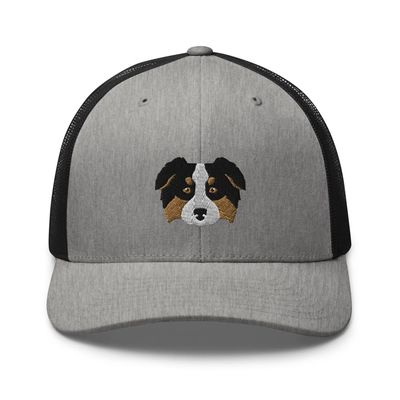 Australian Shepherd Trucker hat, Embroidered Unisex hat, Aussie mom dad, Aussie Gifts, Design 3. Heather/Black