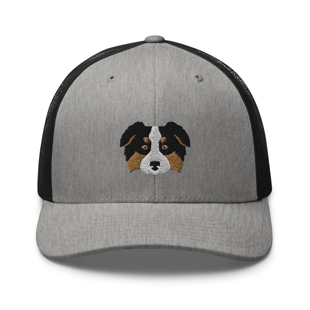 Australian Shepherd Trucker hat, Embroidered Unisex hat, Aussie mom dad, Aussie Gifts, Design 3. Heather/Black