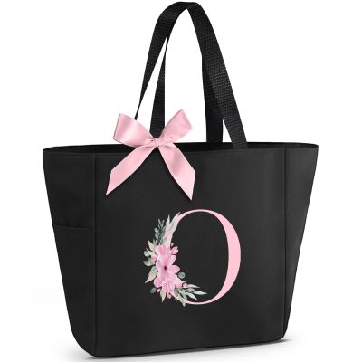 Vavabox Tote Bag, A-Z Initial Monogrammed Waterproof Tote Bag, Bridesmaid Gifts for Women, Black and Pink (O, Black)
