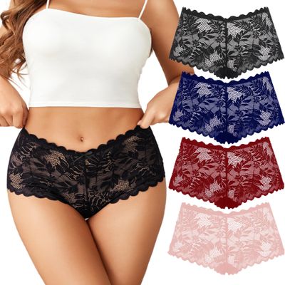 Avidlove Lace Boyshort Panty Sexy Underwear for Women Half Back Coverage Panties High Waisted Thongs Pack of 4