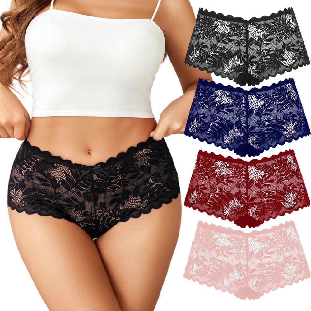 Avidlove Lace Boyshort Panty Sexy Underwear for Women Half Back Coverage Panties High Waisted Thongs Pack of 4