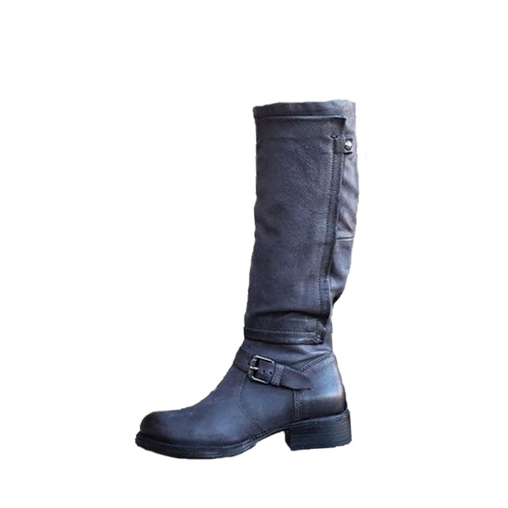 Ctreela Slouch Riding Boots Vintage Side Zipper Motorcycle Boots Winter Retro Round Toe Combat Boots Knee High Work Booties