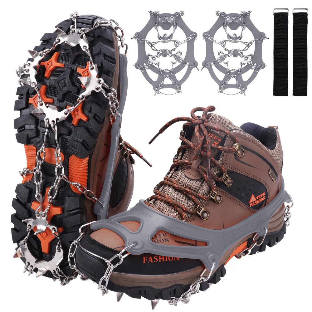 WIN.MAX Crampons for Shoes, Traction Cleats Ice Snow Grips with 19 Stainless Steel Spikes, Shoe Talons Anti - Slip Boots Spikes for Walking, Jogging, Climbing and Hiking (Grey, L)