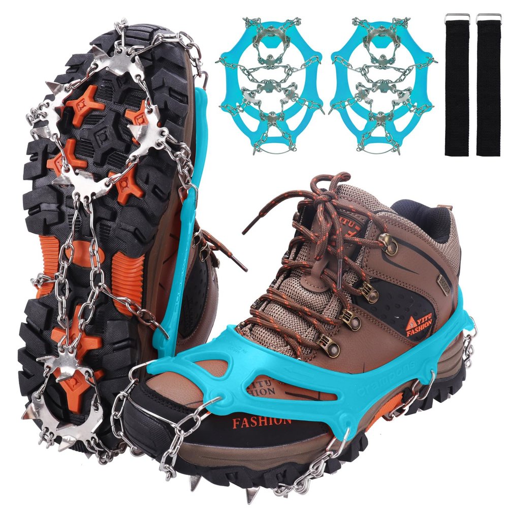 WIN.MAX Crampons for Shoes, Traction Cleats Ice Snow Grips with 19 Stainless Steel Spikes, Shoe Talons Anti - Slip Boots Spikes for Walking, Jogging, Climbing and Hiking (Teal, M)
