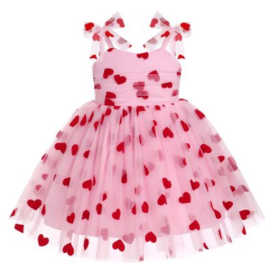 1st Birthday Girl Dress Outfit Baby Pink Sleeveless Hearts Tulle Dress Princess Valentine's Day Pageant Party Tutu Dress Toddler Cake Smash Photoshoot Dresses Pink+Red Hearts 2-3 Years