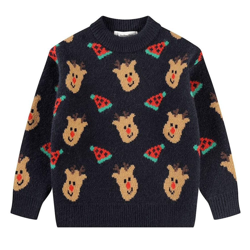 SMILING PINKER Toddler Boys Christmas Sweater Crewneck Long Sleeve Reindeer Santa Snowman Knit Pullover Chunky Top(5T,Navy Blue Reindeer)