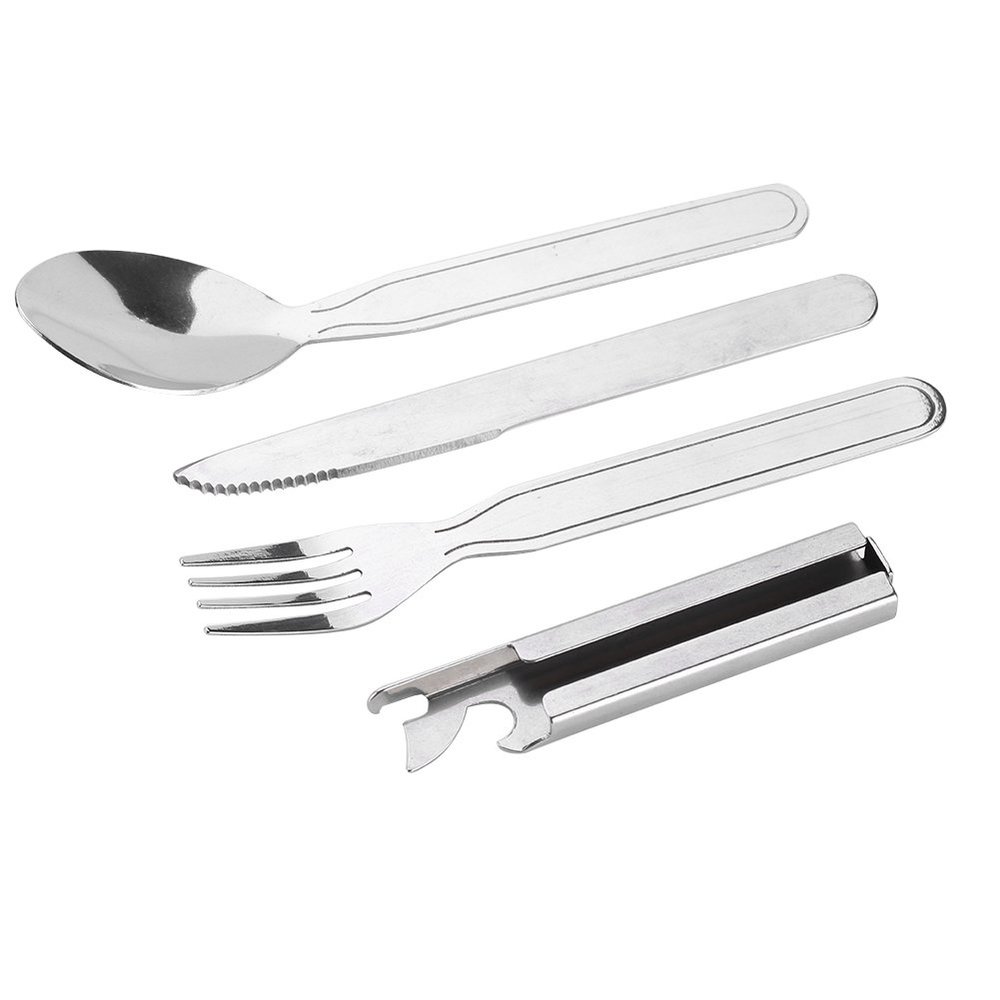 Camping silverware, camping utensil set, backpacking utensils For Camping Picnic, 4pcs/set Stainless Steel Tableware Fork Spoon and Bottle Opener