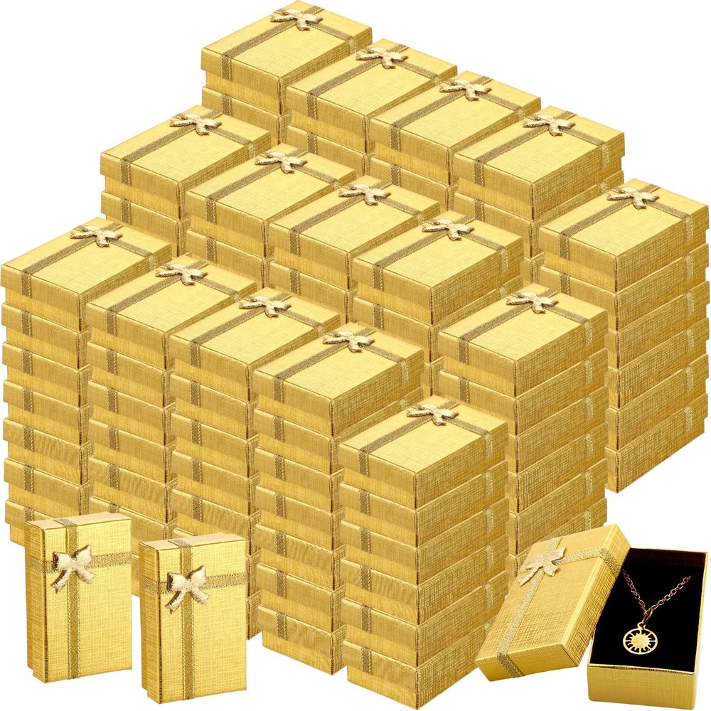 Jetec 120 Pcs Jewelry Gift Boxes Set 2 x 3.1 x 1.1 Inch Small Cardboard Jewelry Boxes with Ribbon Bowknot for Mothers Day Necklace Ring Earrings Bracelet(Gold)