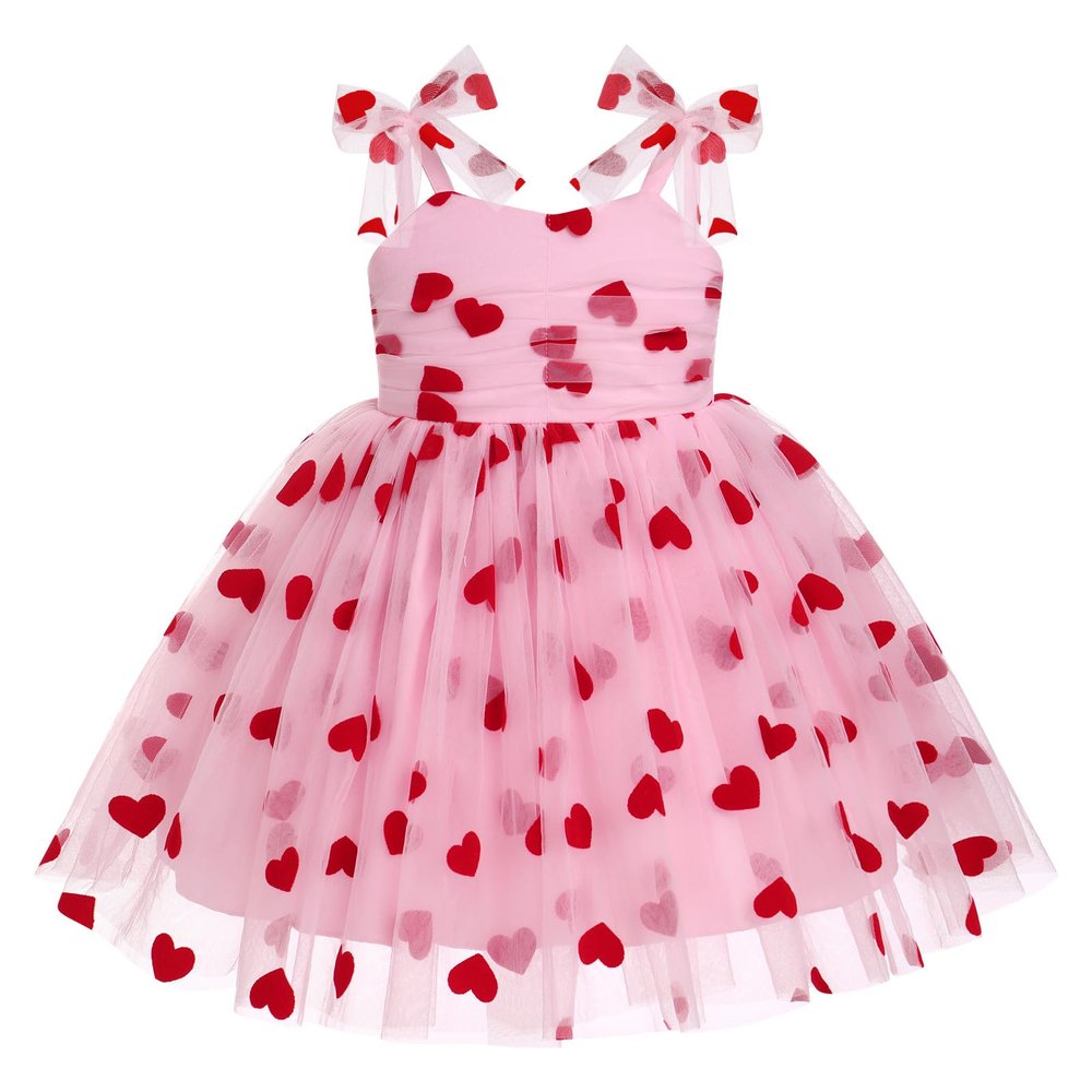 1st Birthday Girl Dress Outfit Baby Pink Sleeveless Hearts Tulle Dress Princess Valentine's Day Pageant Party Tutu Dress Toddler Cake Smash Photoshoot Dresses Pink+Red Hearts 12-18 Months