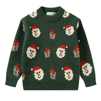 SMILING PINKER Toddler Boys Christmas Sweater Crewneck Long Sleeve Reindeer Santa Snowman Knit Pullover Chunky Top(5T,Dark Green)