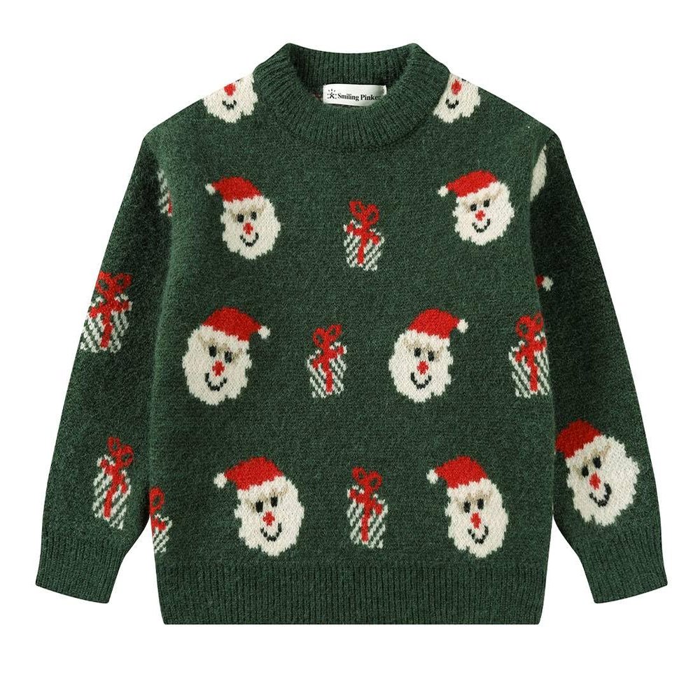 SMILING PINKER Toddler Boys Christmas Sweater Crewneck Long Sleeve Reindeer Santa Snowman Knit Pullover Chunky Top(5T,Dark Green)