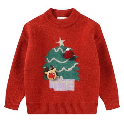 SMILING PINKER Little Girls Christmas Sweater Chunky Knitted Santa Reindeer Pullover Warm Winter Top(6 Years,Red Tree)