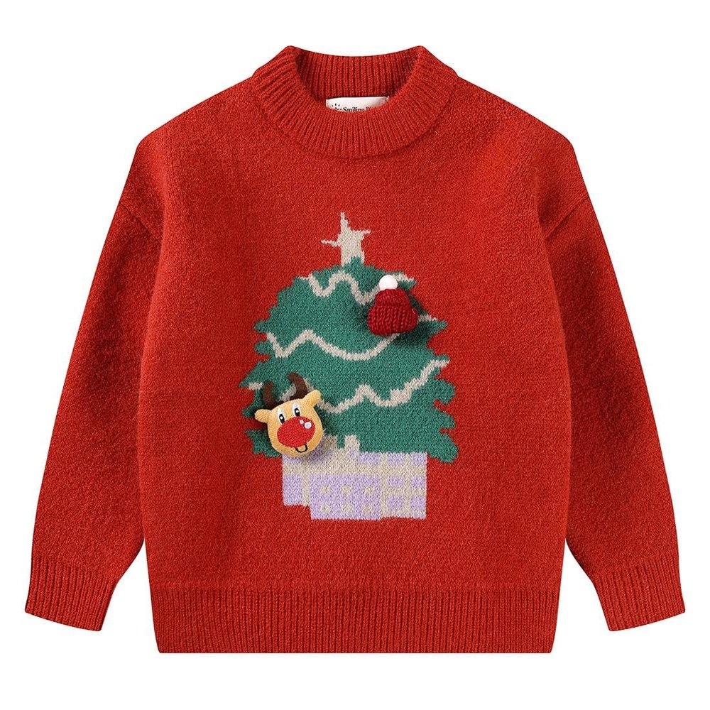 SMILING PINKER Little Girls Christmas Sweater Chunky Knitted Santa Reindeer Pullover Warm Winter Top(6 Years,Red Tree)