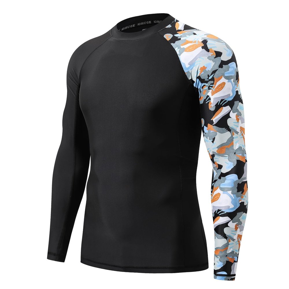 Mens Long Sleeve Rash Guard Shirt Swimwear UPF 50+ Sun Protection Surf Top Camo Black S