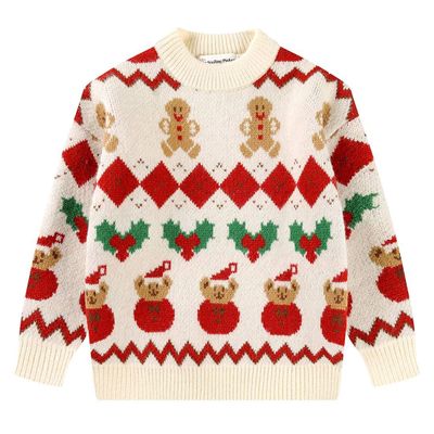 SMILING PINKER Little Girls Christmas Sweater Chunky Knitted Santa Reindeer Pullover Warm Winter Top(5T,Beige)