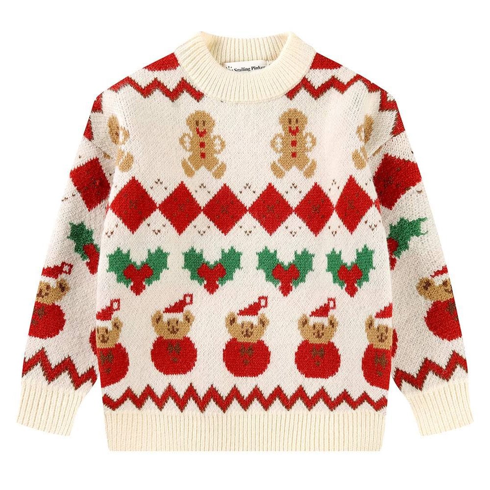 SMILING PINKER Little Girls Christmas Sweater Chunky Knitted Santa Reindeer Pullover Warm Winter Top(5T,Beige)