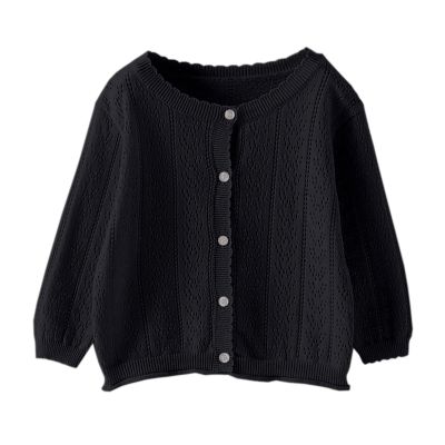Infant Toddler Girls Cut Out Knitted Cardigan Long Sleeve Jacket With Lace Neckline Shawl Baby (Black, 12-18 Months)