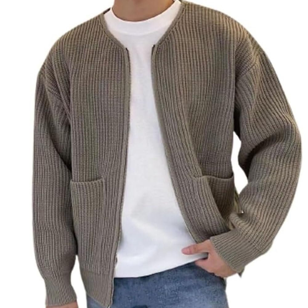 ACE4U Trendy Cardigan for Men, Mens Cardigan Sweater Casual Long Sleeve Knit Sweaters (Color : Khaki, Size : Large)