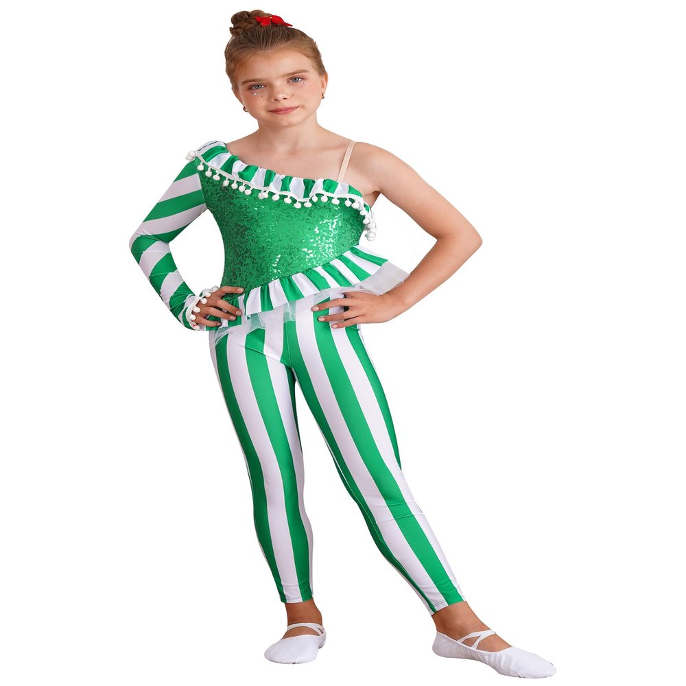 Yruioon Girls Christmas Candy Cane Costume Striped Ballet Dance Unitard Jumpsuit for Xmas Holiday Stage Performance Green 6 Years