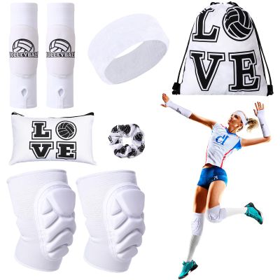 Vabean 8 Pcs Volleyball Accessories,Include Volleyball Arm Sleeves Knee Pads Sport Hair Scrunchies Sweat Band Drawstring Bag Cosmetic Bag Wrist Guard Knee Brace(Medium,White)
