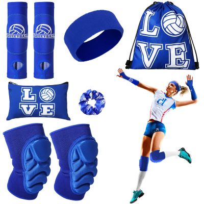 Vabean 8 Pcs Volleyball Accessories,Include Volleyball Arm Sleeves Knee Pads Sport Hair Scrunchies Sweat Band Drawstring Bag Cosmetic Bag Wrist Guard Knee Brace(Medium,Blue)