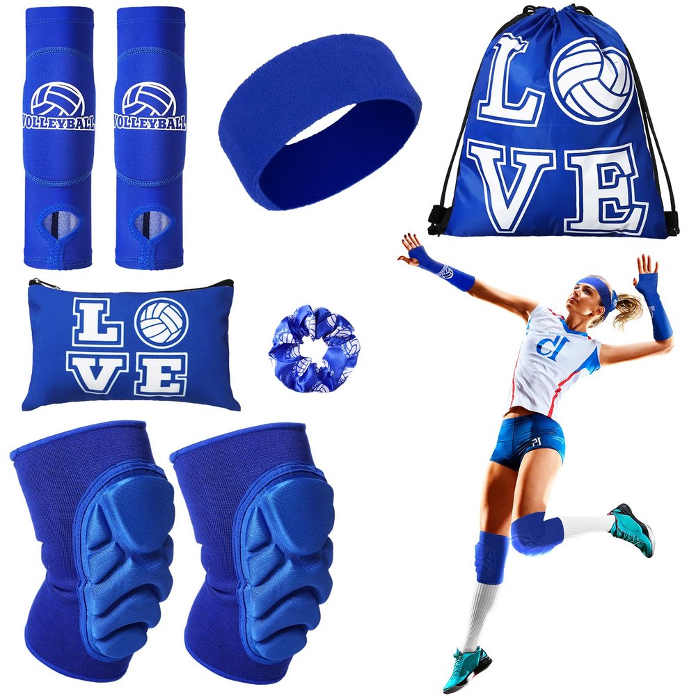 Vabean 8 Pcs Volleyball Accessories,Include Volleyball Arm Sleeves Knee Pads Sport Hair Scrunchies Sweat Band Drawstring Bag Cosmetic Bag Wrist Guard Knee Brace(Medium,Blue)