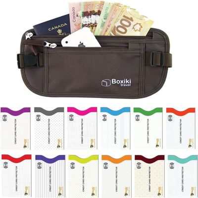 Boxiki All-in-One Safety Bundle: Set of 12 RFID-Blocking Card Sleeves & Money Belt - Ultimate Security for On-the-Go Lifestyles